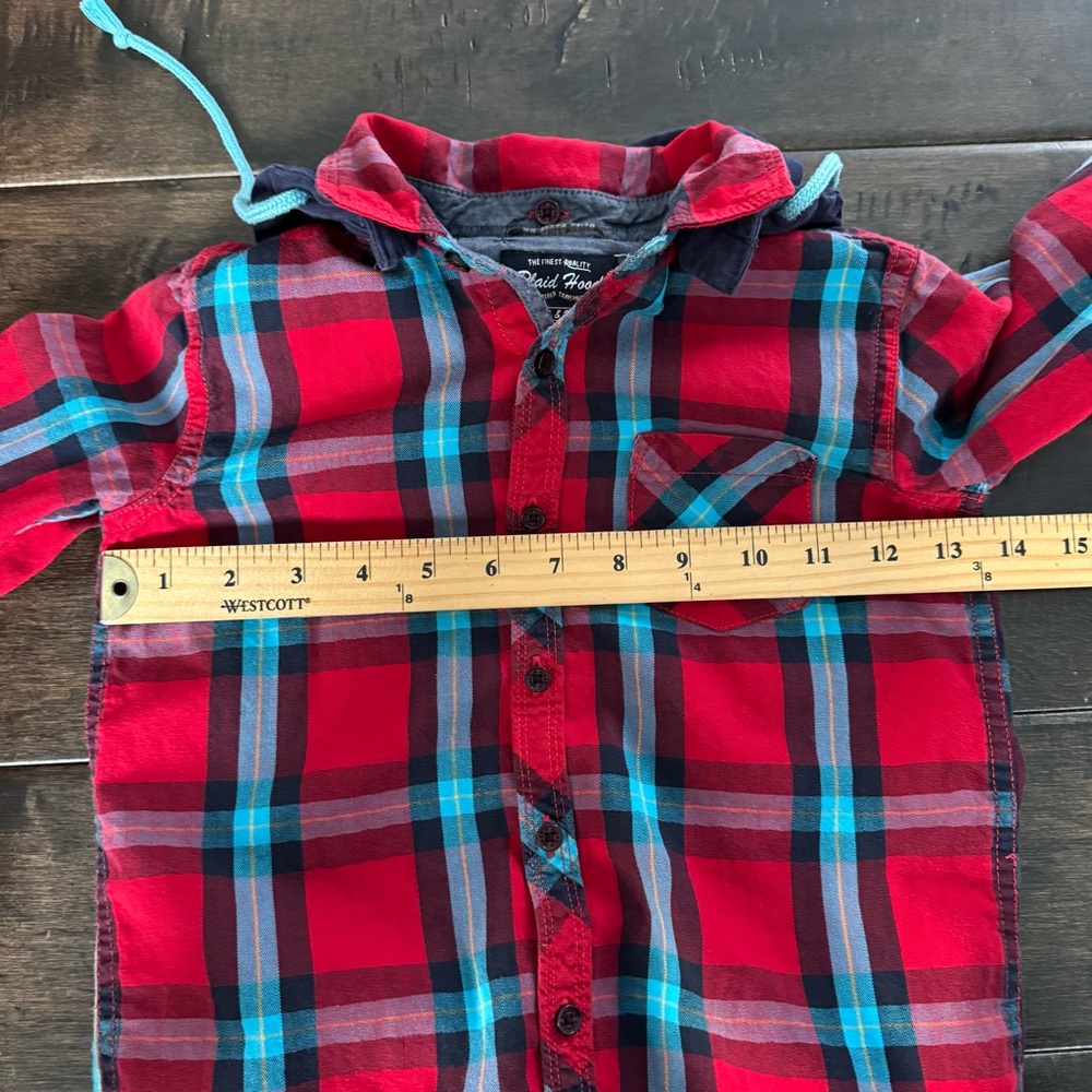 ❤️3/$30 Lucky Brand Boys Hooded(removable) Plaid Shirt Shacket Red/Blue Size 5/6 - Picture 6 of 9